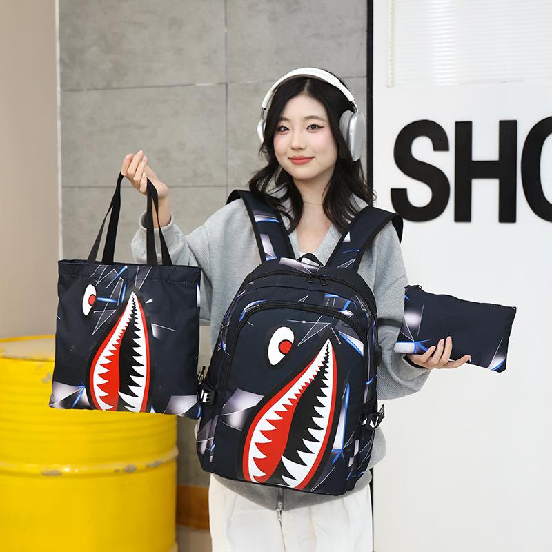 Cute Shark Set Schoolbag New Personalized Creative Men's and Women's Backpack Junior High School Campus Three-piece Backpack