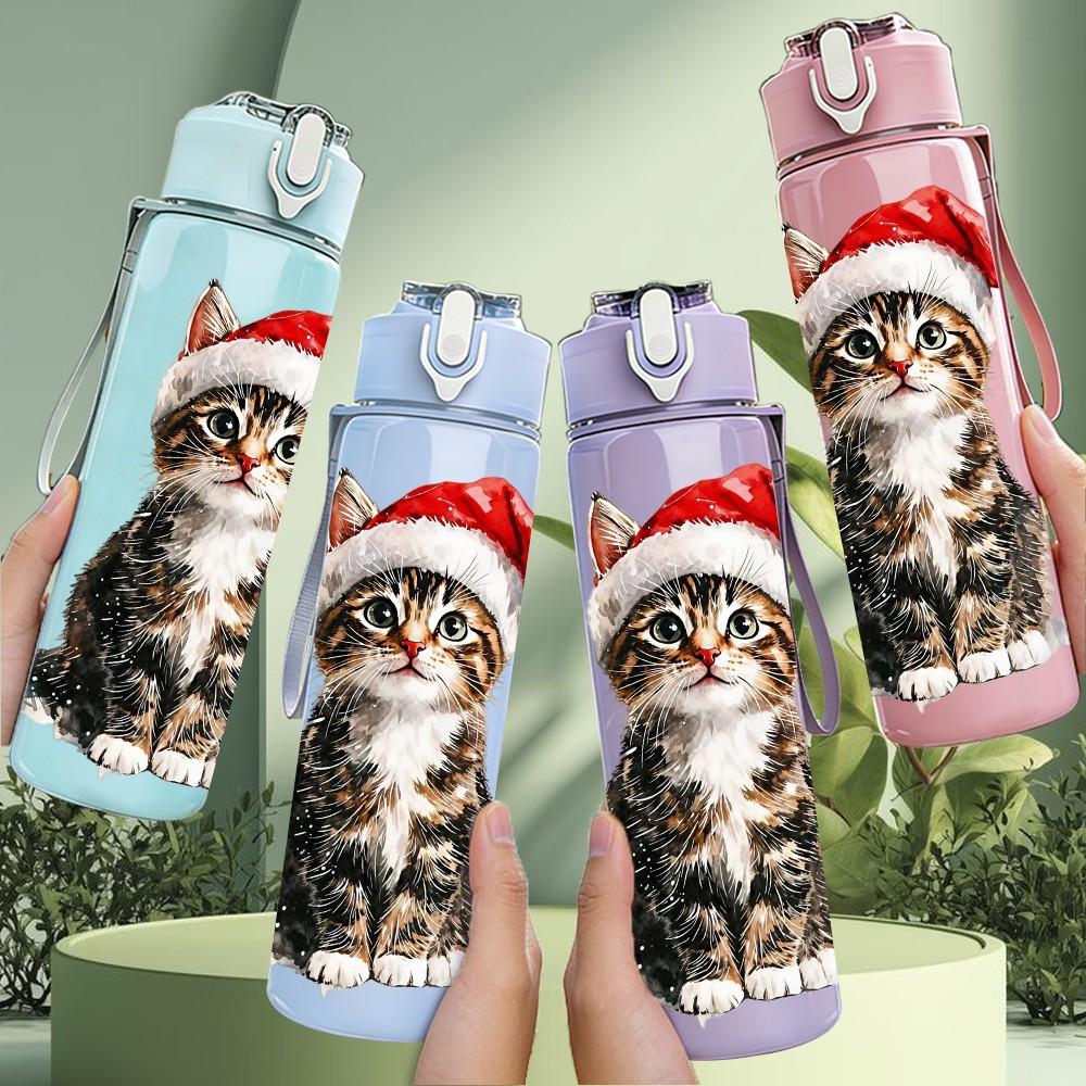 1PC Cat Wear Santa Hat 750ml Color Plastic Sports Water Bottle Leakproof Flip Straw Lid Suitable for Sports Office Home Use