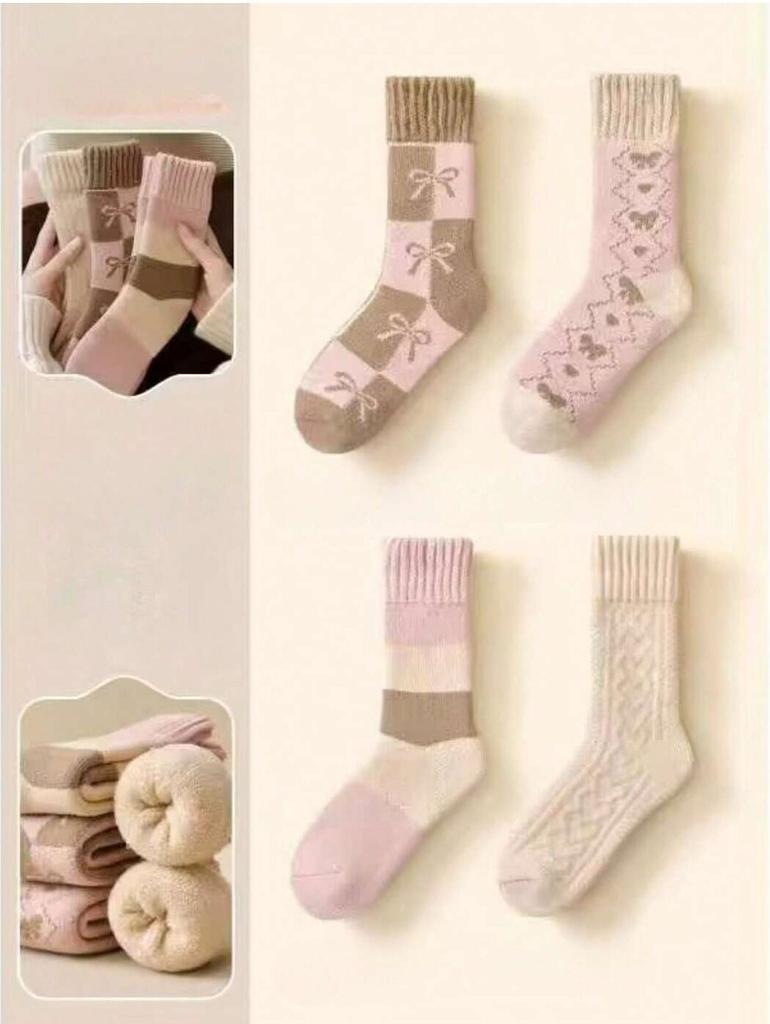 4 Pairs Women's Autumn Winter Warm Fleece-Lined and Thickened Plush Socks Mid-Calf Length for Sleeping and Floor Work