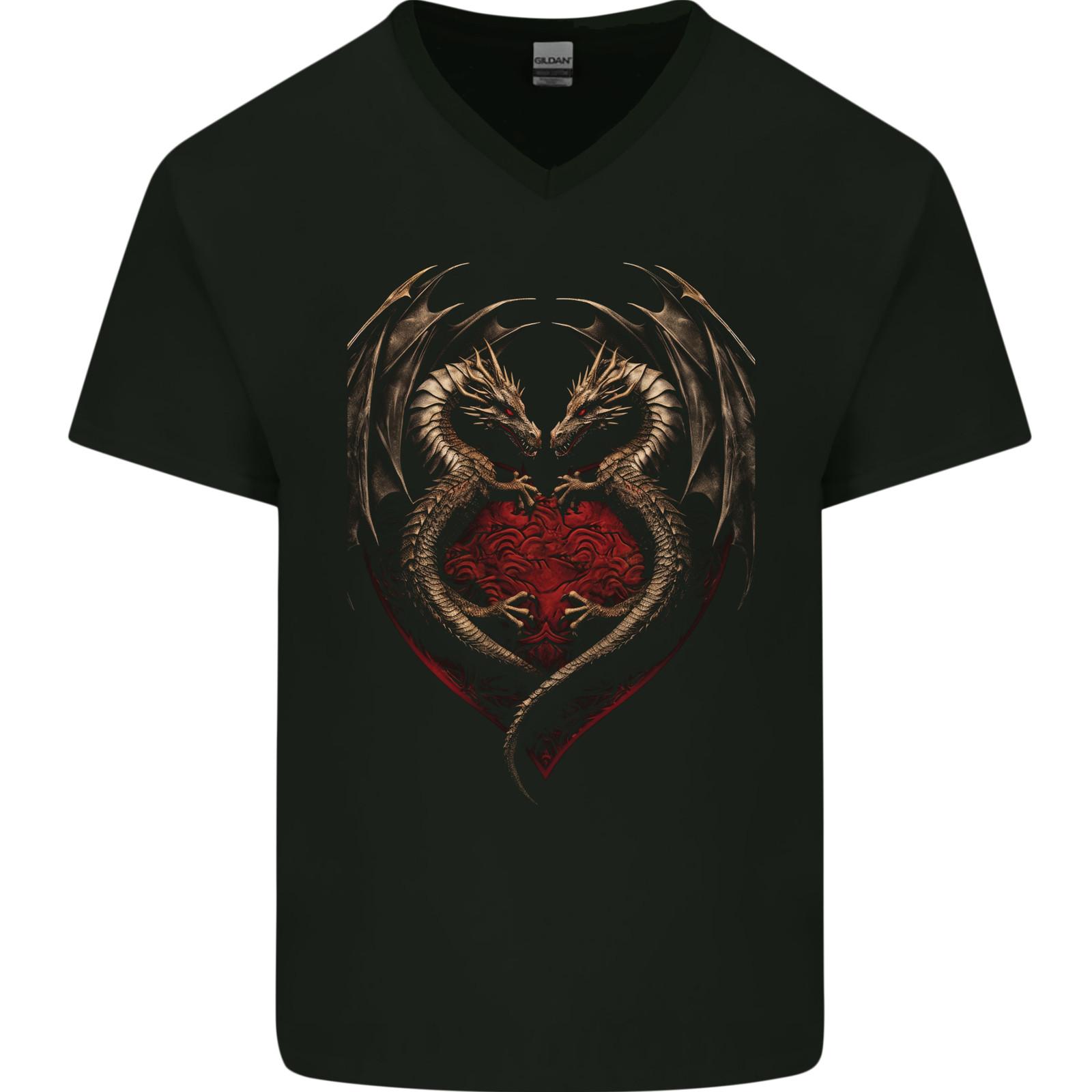 2 Fantasy Dragons in a Heart Shape Gothic Goth Mens V-Neck Cotton T-Shirt S