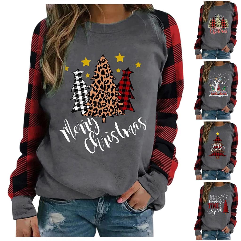 Women's Fashion Plaid Patchwork Christmas Print Round Neck Long Sleeve T-Shirt Top