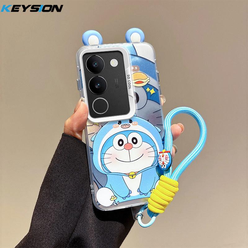 KEYSION Cute Ear Cartoon Case for VIVO V29 5G with Lanyard Soft Silicone+PC Shockproof Phone Back Cover for VIVO V29 5G