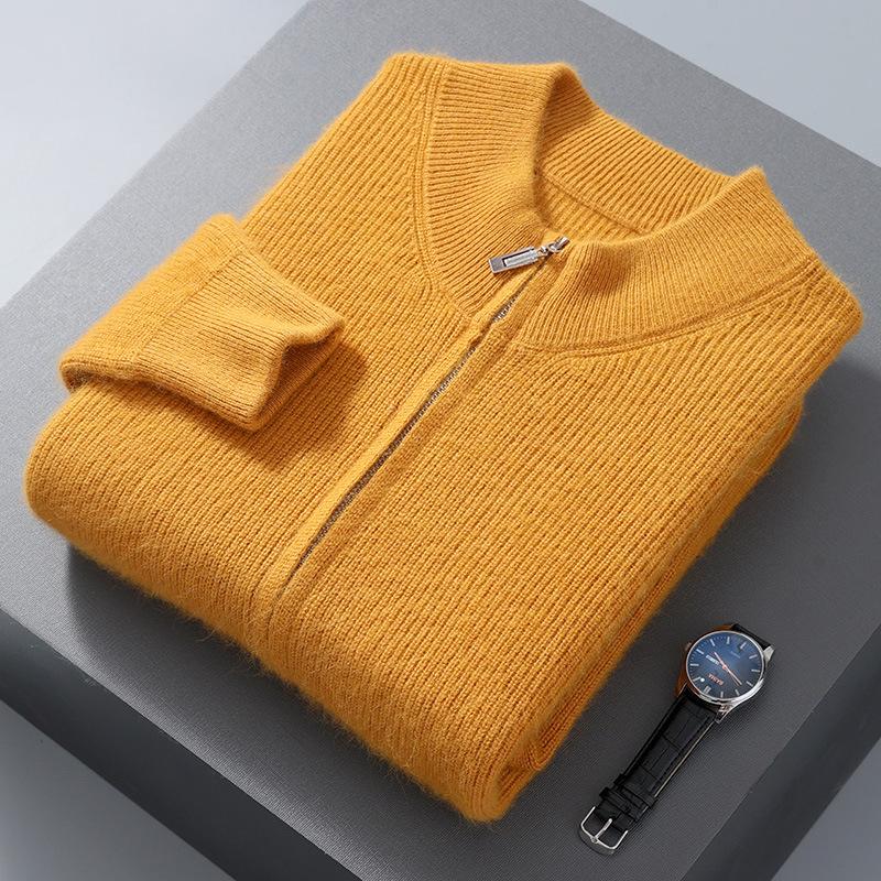 Nerz Samt Mittelhoher Kragen Cardigan, Einfarbig Gestreift, Verdickte Strick Herbst/Winter Basis Layer Pullover