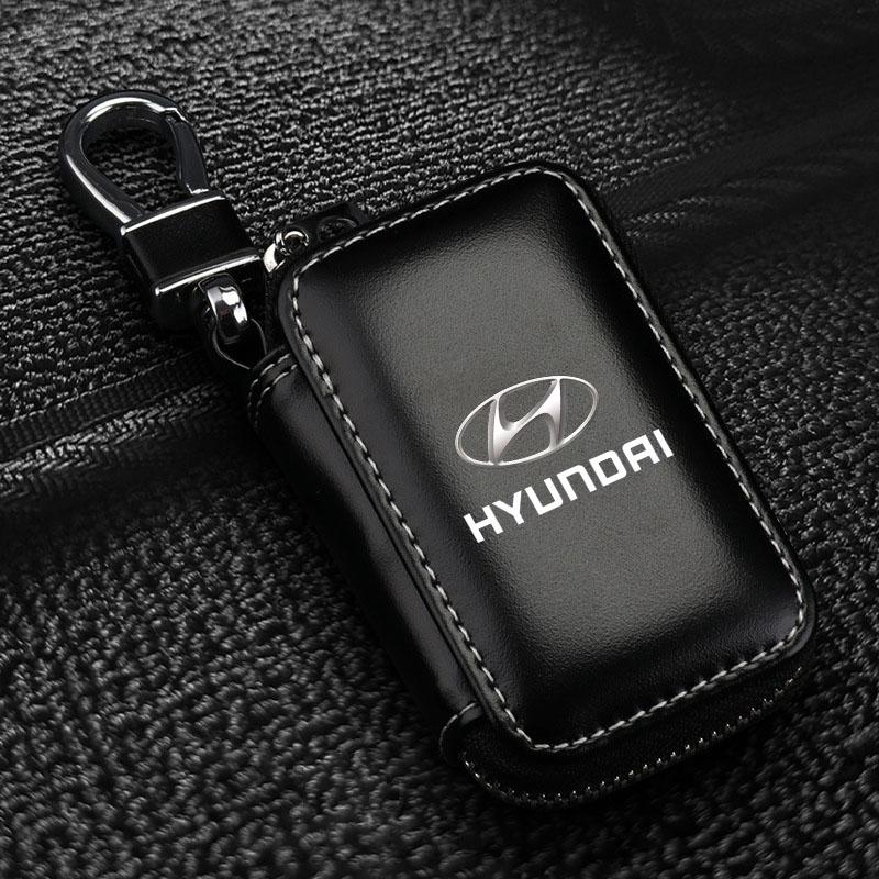 1Pcs Leather Emblem Car Key Case Keychain Zipper Key Case Bag For Hyundai Tucson 2021 Accent I10 I20 Kona Getz Solaris I30 Creta