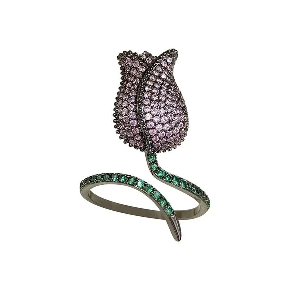 Light Luxury Three-Dimensional Tulip Flower Index Finger Ring Slightly Inlaid Zircon Rose Shape Ring Ring Ring Woman