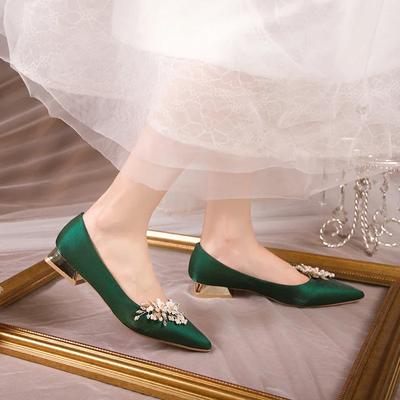 Scarpe da Donna con Fiori a Punta 2024 Nuove Scarpe Verdi in Seta con Tacco Basso Donna Slip-on con Tacco Sottile Scarpe da Donna Verdi da Festa