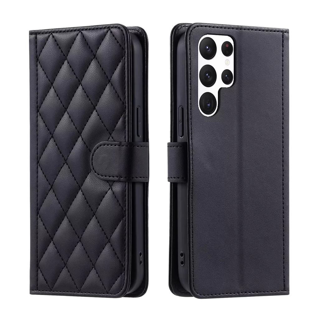 Checkered Leather Wallet Case For Samsung Galaxy S25 S24 S23 Ultra S22 S21 S20 FE S10 Note 20 10 PlusLanyard Flip Phone Cover