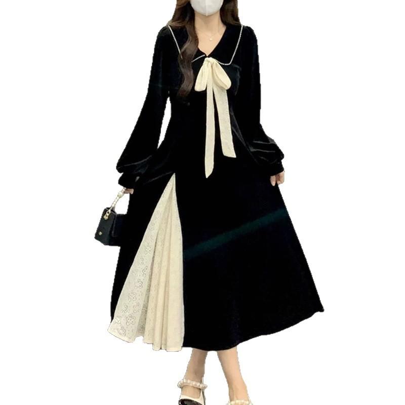 Large Size Women's Hepburn Style Black Velvet Dress Autumn and Winter Sweet Doll Collar Skirt Splicing Contrasting Color Long Skirt