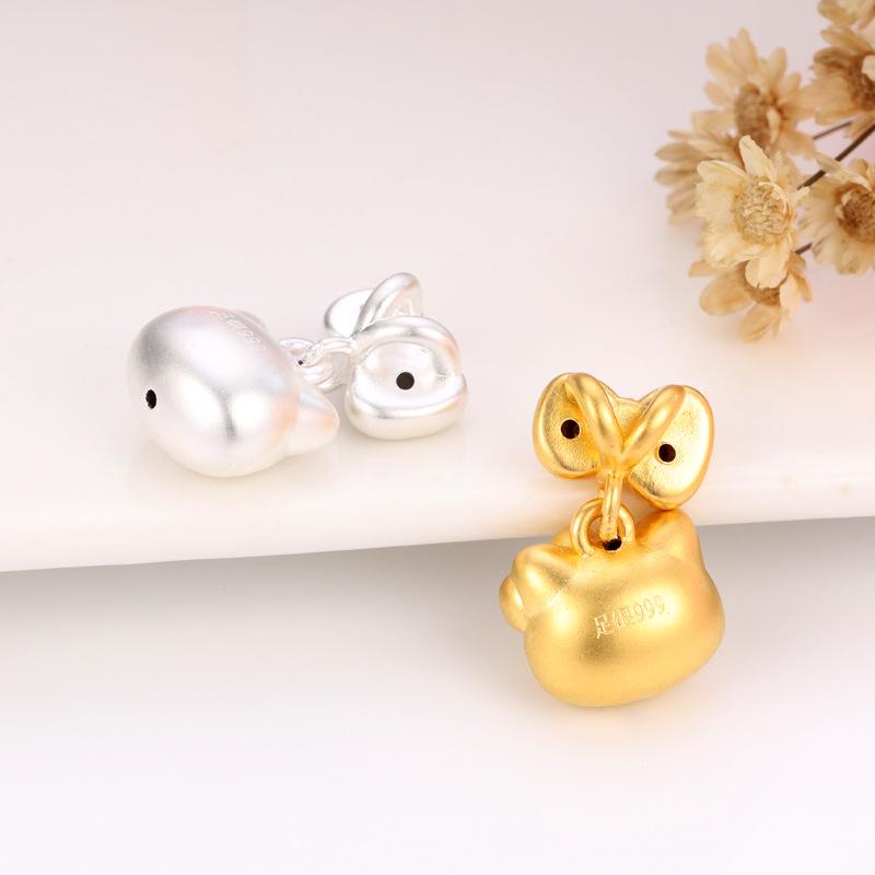 Sterling Silver Hello Kitty Pendant Charm with 999 Fine Silver Bow and Beaded Cartoon Cat Design
