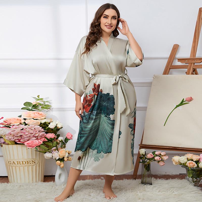 Übergröße Satin Sommer Pyjama & Bademantel Set für Damen - Leichter Luxus Eisseide