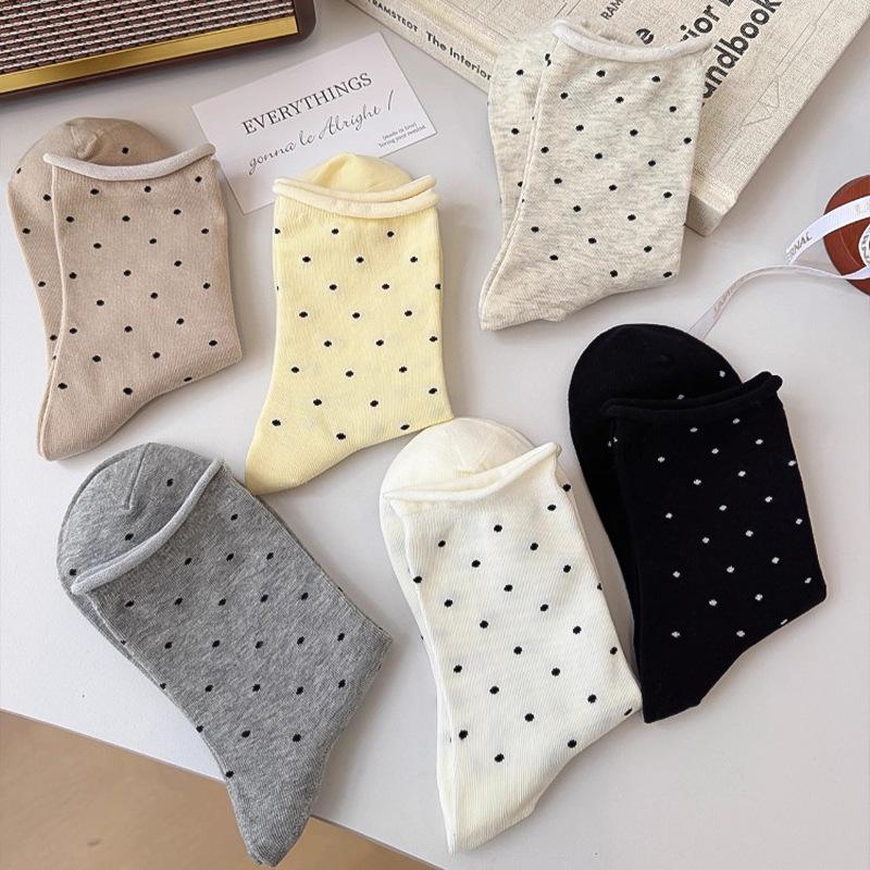 Women's Rolled Edge Polka Dot Mid-Calf Cotton Socks - Pairs Well with Birkenstock Shoes, Loose Fit, Slouchy, Casual Style