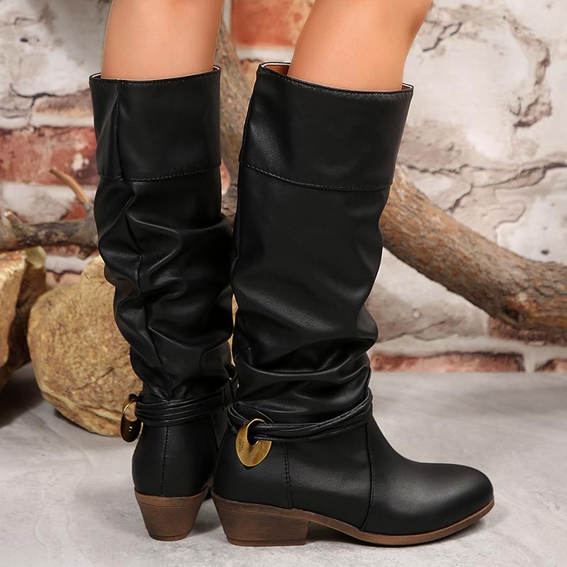 Fashion Metal Decor Block Heel Knee High Boots Women Retro Pleated PU Leather Western Boots Woman Autumn Winter Slip On Wide Leg Botas