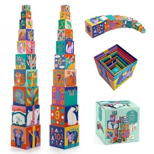 DJECO 10 Wild Animal Blocks Stacking Cubes, Educational Toy, Blocks, Stacking Blocks, Stacking, Ages 0, 1, 18 Months, 2, 3, 4, 5, Boys, Girls, Toddler