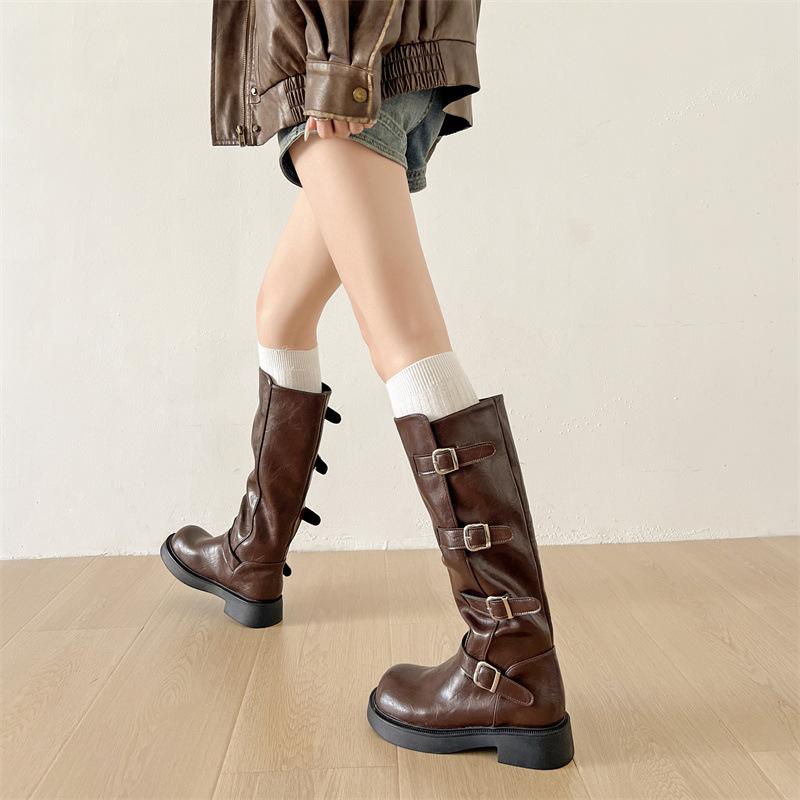 Maillard bruna brittiska platåhöjande stövlar damstövlar 2025 nya höst tunna tjock klack ridstövlar