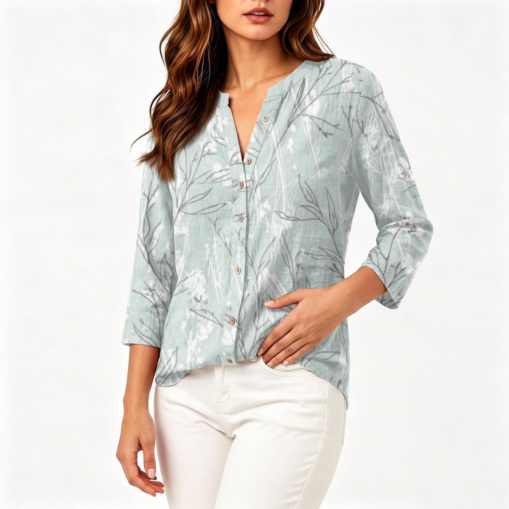 Women Vintage Floral Print Button Down Henley Collar Shirt Three Quarter Sleeve Linen Cotton Blouse Casual Lightweight Top