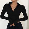 Fashion Women's New Long,sleeved Zipper Half,open Collar Navel, Versatile Slim T,shirt