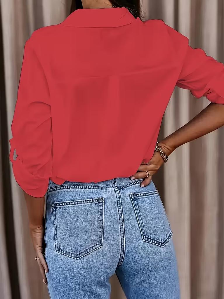 Ladies Casual Button Up Office Shirt Solid Color Long Sleeve Blouse with Collar Business Work Top for Daily Wear