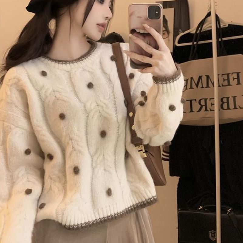Women's Autumn Lazy Style Color-Block Sweater Loose Versatile Short Designer Long-Sleeve Knit Top