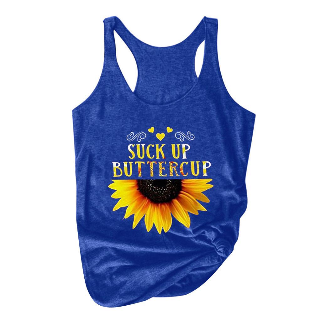 Women Plus Size Summer Sunflower Print Round Neck Sleeveless T-shirt Top Tank