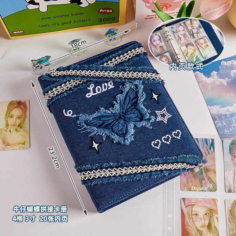 Denim Butterfly A5 Korean Kpop Photocard Binder jeans D-Ring Album Loose Leaf Photo Holder for Collecting Cards Travel & Storage