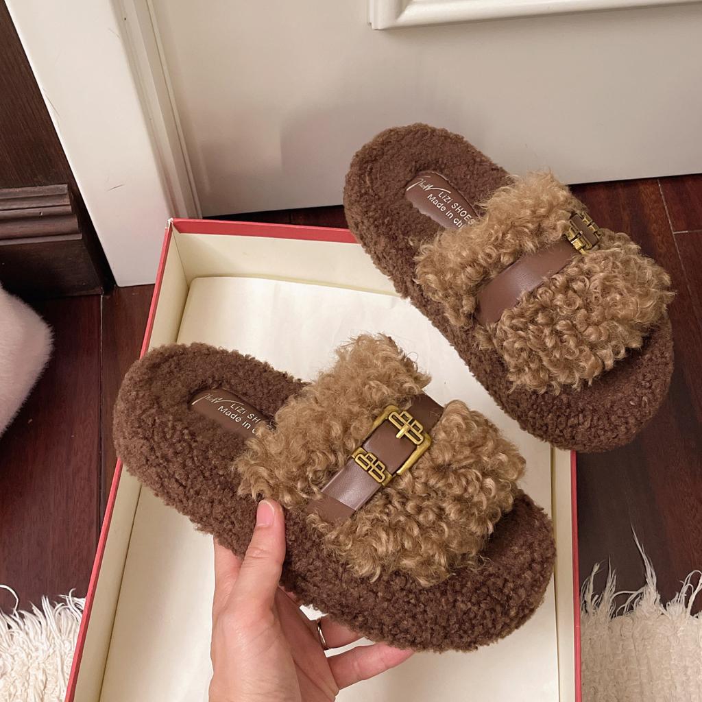 Teddy Curly Hair~ Hong Kong Style Versatile One-Word Cotton Slippers Women's Fashion Outer Wear Platform 2025 Mao Mao Shoes Women's Mao Slippers