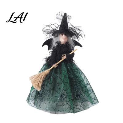 Halloween Spooky Witch Accessory Tree Topper Decoration Holding Broom Ornament with Mesh Spider Decoration With Web Skirt Classic Ornament