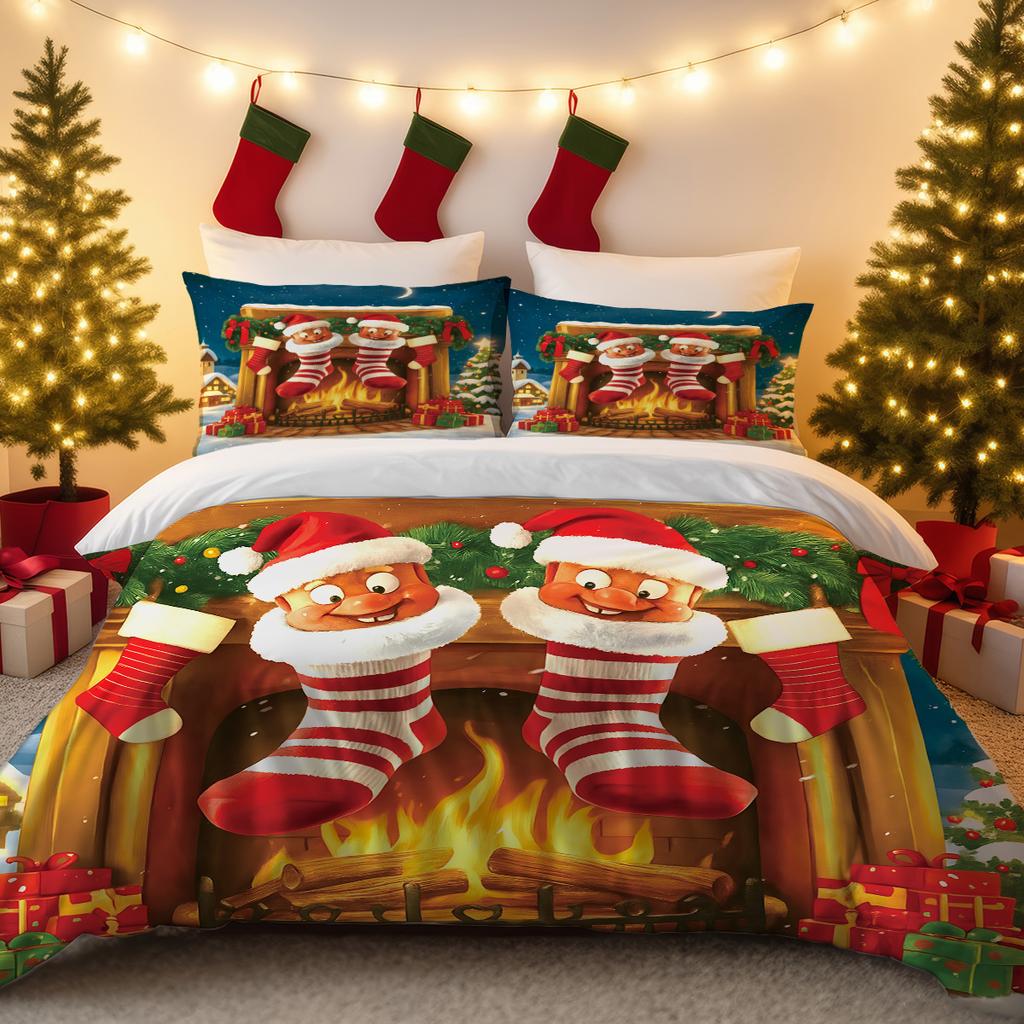 3pcs Red Christmas Stocking Printed Coreless Bedding Set Soft Comfortable for Dormitories Bedrooms with Multiple Sizes