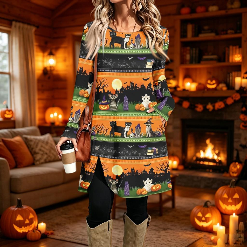 Women's Casual Long Sleeve Printed Round Neck Dress for Everyday Wear