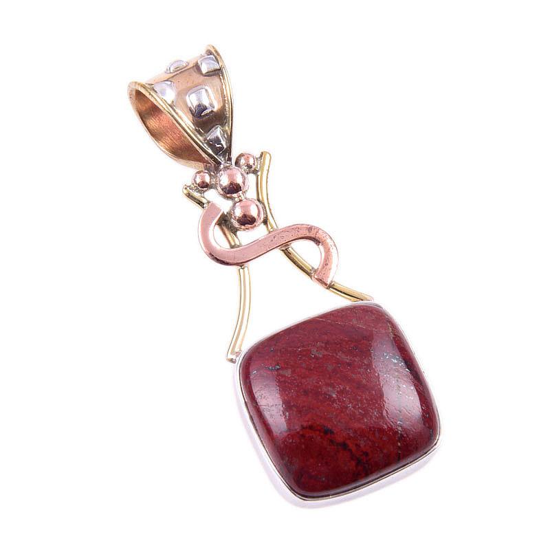 Natural Red Jasper Gemstone 925 Solid Sterling Silver TwoTone Pendant 1.75" r0b92