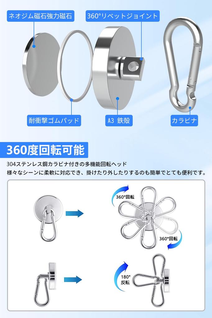 DODOGOD Superstarke Magnet-Haken mit Karabinerhaken (8er-Satz) - Neodym-Magnete mit Karabinerhaken, 68 kg Tragkraft, 42 mm Durchmesser, Stark, Rostfrei
