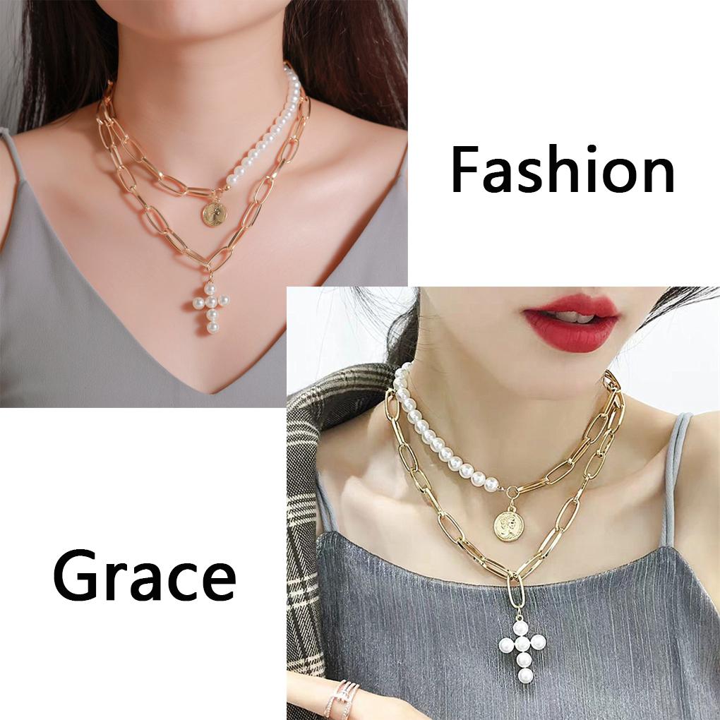 2 Layer Faux Pearl Necklace Round Figure Pendant Thick Chain Choker Jewelry Gift for Girls Women