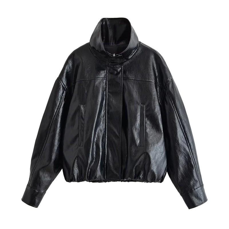 Womens 2026 Fall Fashion Casual Loose Faux Leather Bomber Jacket