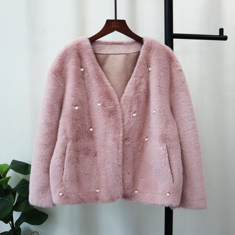 Heavy industry beaded fur integrated jacket autumn and winter new design temperament loose cardigan women