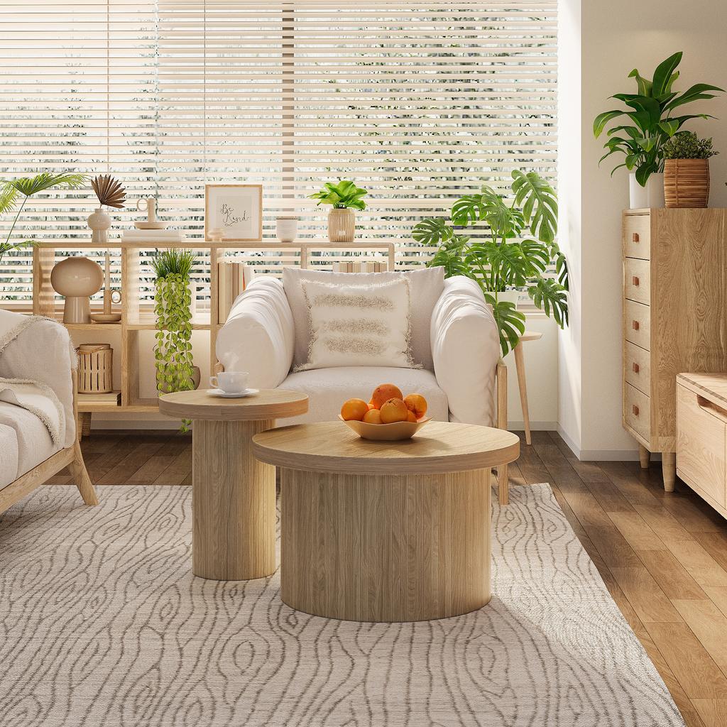 Coffee Table, Double Round Table, Side Table with Natural Wood Slats. Multifunctional Living Room Table