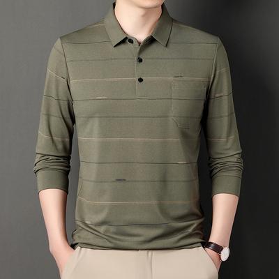 Frühlings- und Herbst Langarm T-Shirt Herren Revers Mittelalterliche Herren Tasche Gestreiftes Unterzieh-Pullover T-Shirt Poloshirt für Herren