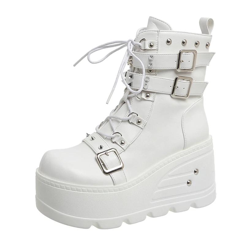 Mode 2025Neue Punk Damenstiefel Keile Damenschuhe Lackleder Stiefel Nieten Cosplay Stiefeletten Reißverschluss Damen Gothic Motorradstiefel