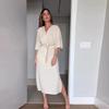 European & American Women's V-Neck Summer Dress 2025 - Casual Solid Color Short-Sleeve Slit Design