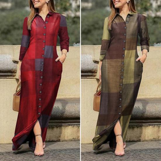 Turn-Down Collar Long Sleeve Women Dress with Pocket Geometry Pattern Single Breasted Shirt