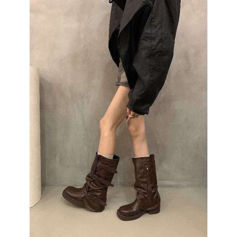 Rindsleder Nische Retro Dicke Ferse Mittelhohe Stiefel Western Cowboy Stapelstiefel Ritterstiefel Martinstiefel Französische Damenstiefel