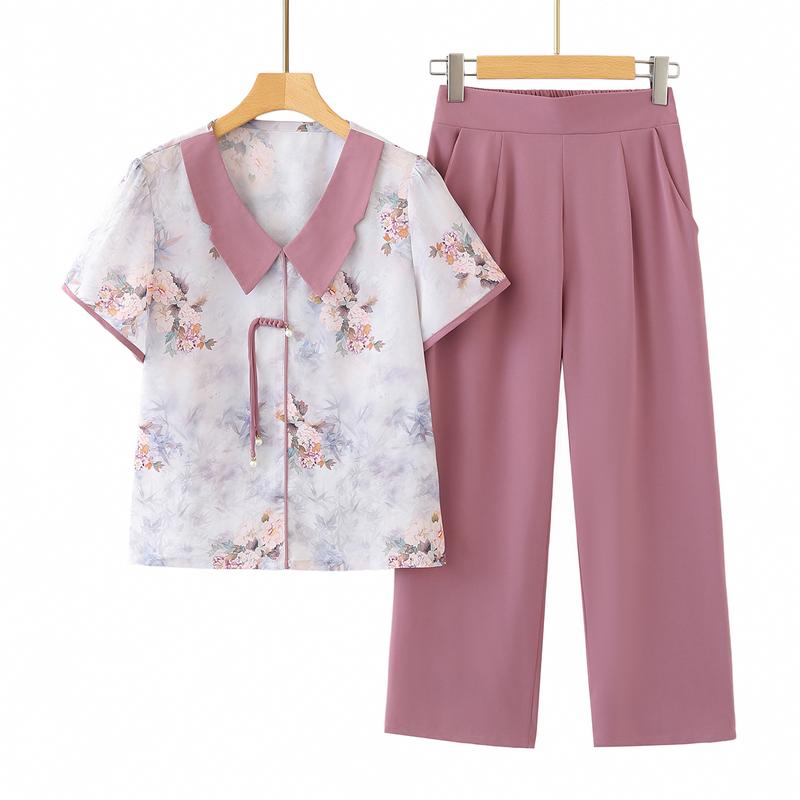 Yuzhaolin Mid-Aged Women s Summer New Chinese Style Printed Set 4XL