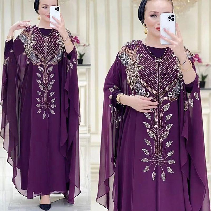 Cross-Border Indonesia Middle East Turkey Africa European and American Style Dress Chiffon Heavy Embroidery Hot Drilling Robe Plus Size Women Dress