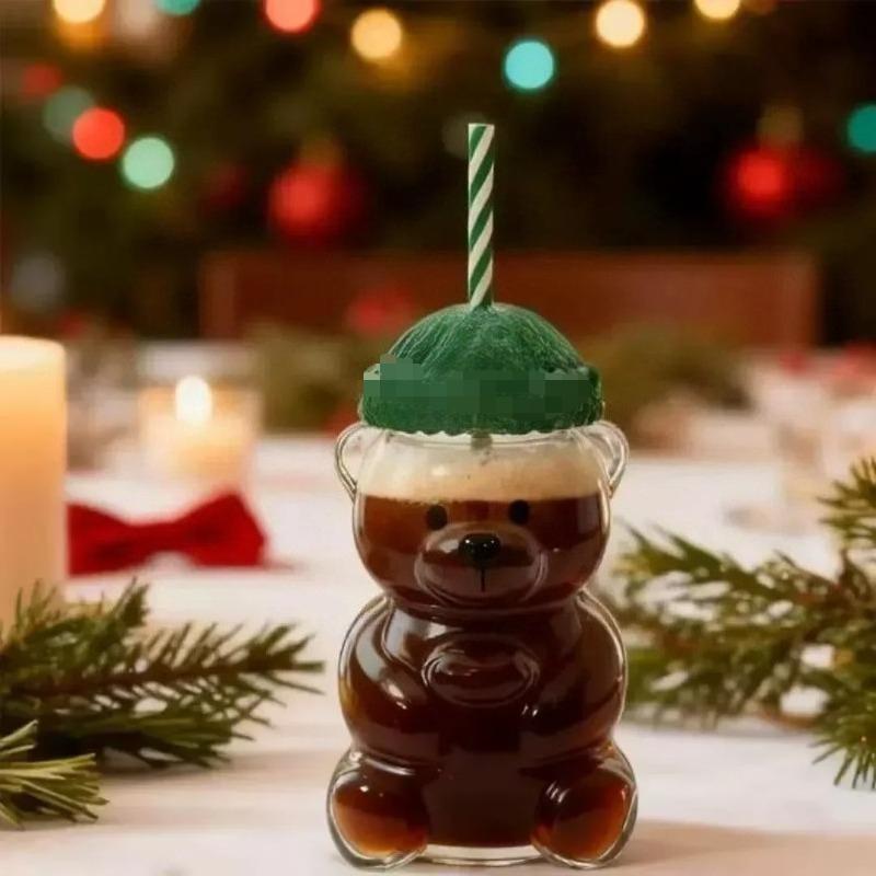 Transparent Bear Cup with straw Cute Mug 20oz Glass/Plastic Milk Tea Cup for Christmas Gift Cup Family Gathering Festival Cup