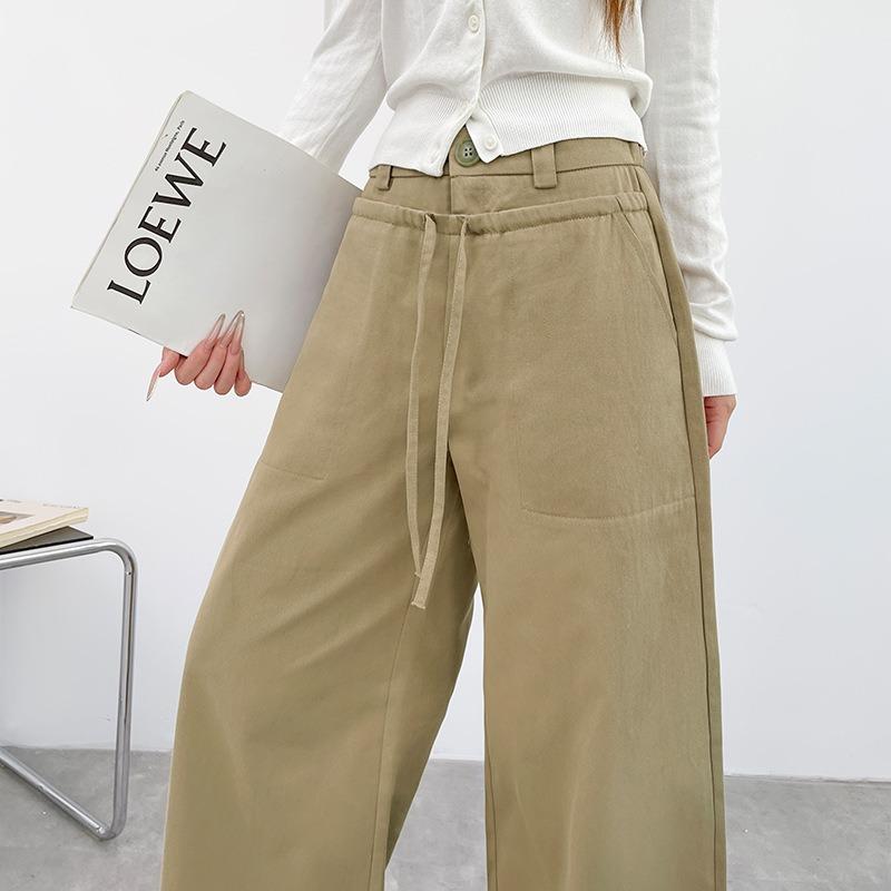 Army Green Cotton Casual Straight-leg Pants Women's New Design High Waist Straps Loose Sports Wide-leg Pants