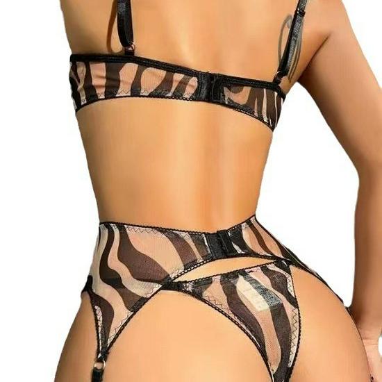 Zebra Pattern Mesh Lingerie - Sexy Three-Piece Set Available Now