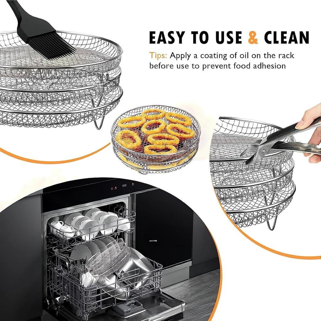 Air Fryer Basket for Oven, 7.8inch Round Air Fryer Rack with Clamp and Brush Stainless Steel Air Fryer Basket Non-Stick Air Fryer Tray Fit All 4.2QT