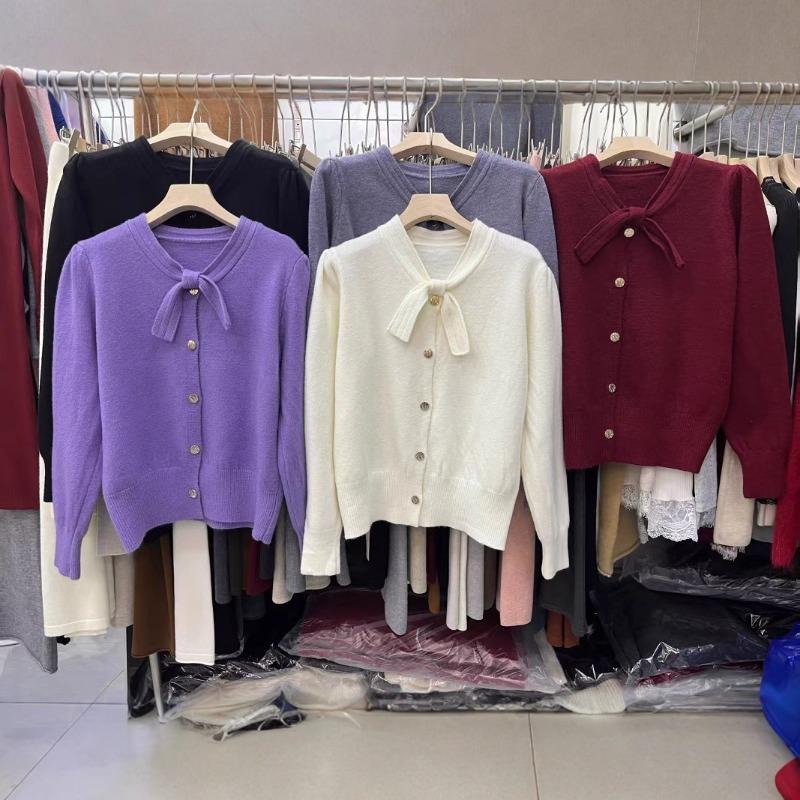 Spring new simple and versatile knitted cardigan solid color top bow design sense long sleeve sweater jacket