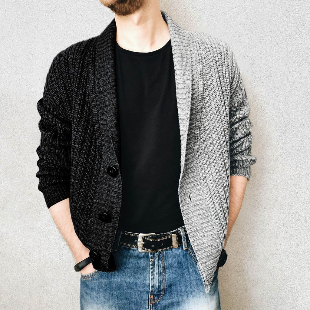 Men's Fashion Casual Patchwork Long Sleeve Buttons Knitting Cardigan Coat Top