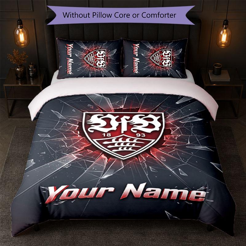 VfB Stuttgart FC Custom Name Text Bedding Set 1 Duvet Cover+2 Pillowcases Soccer Logo Personalized Gift For Special Occasion Bedroom Decor