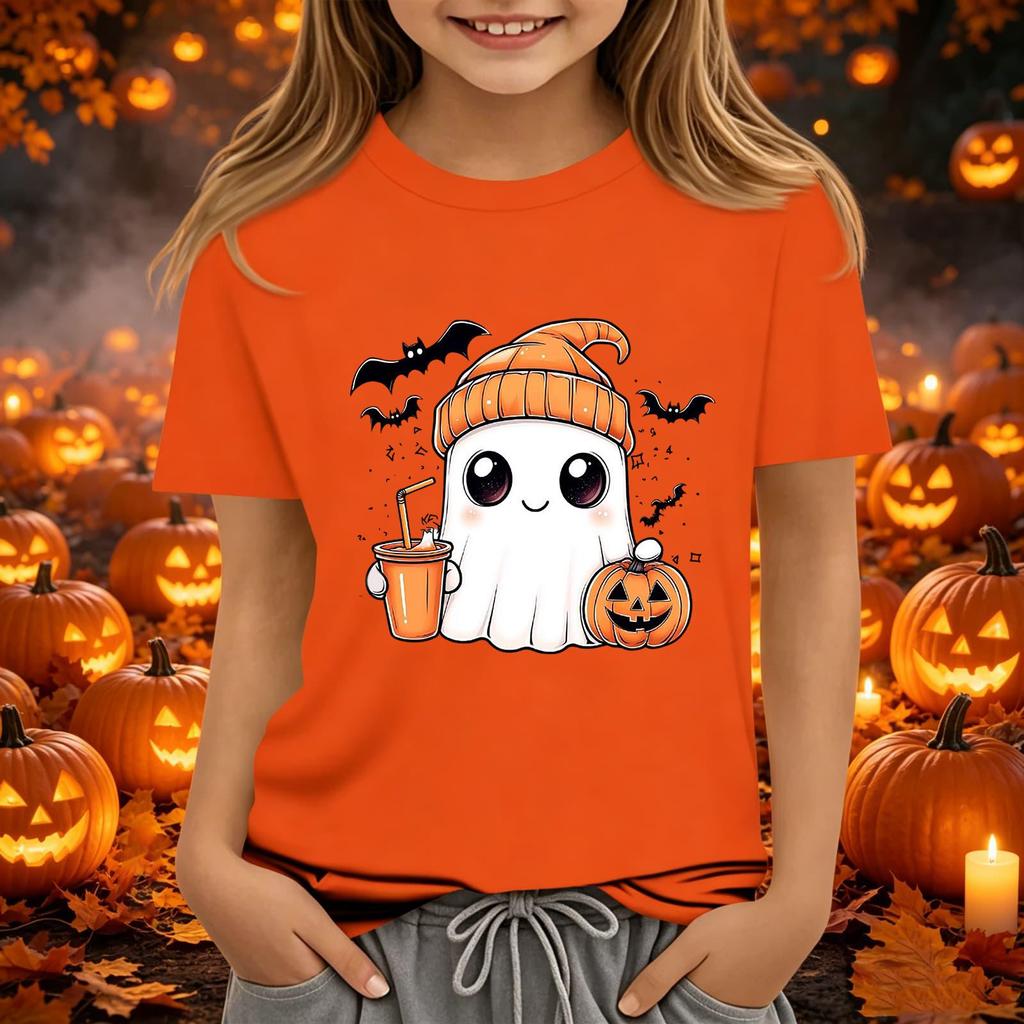 Kids' Halloween Printed Short Sleeve Neck T-Shirt, Loose Fit Top