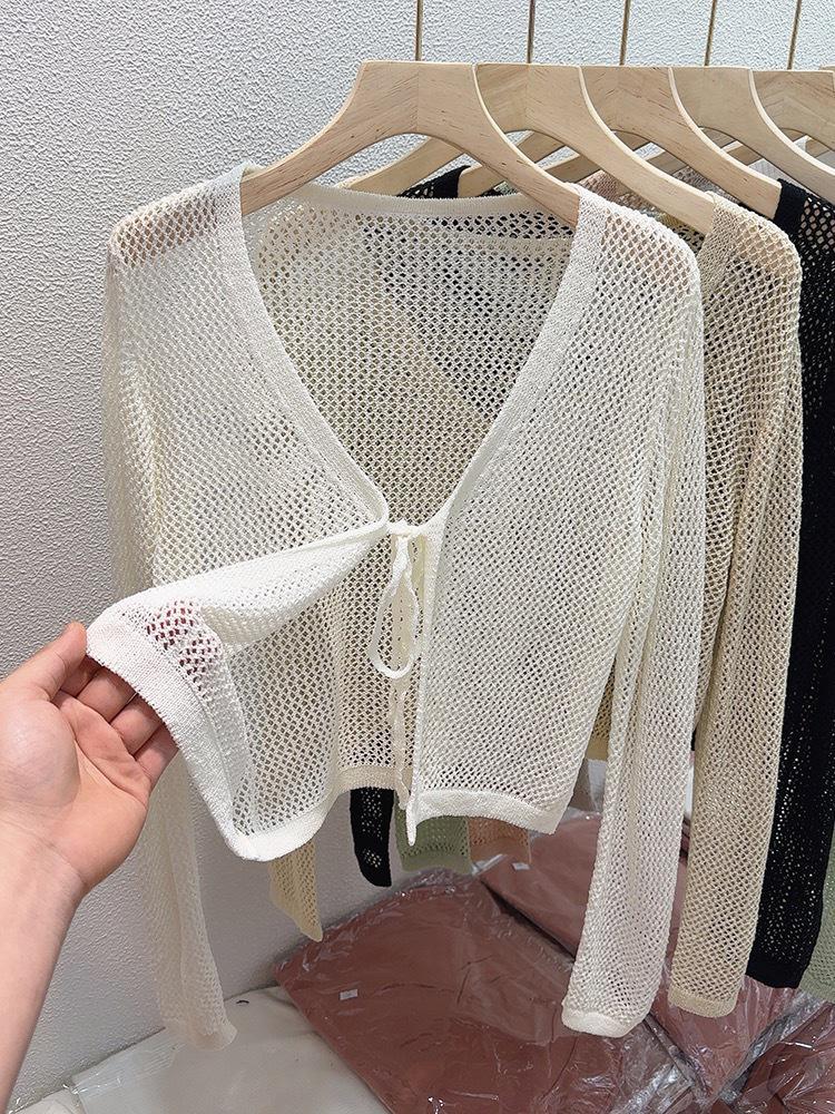 Women's V-Neck Openwork Knit Tie-Up Cardigan - Lightweight Summer Sun Protection Long-Sleeve Top